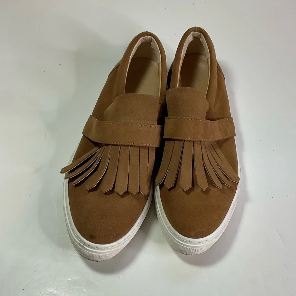 Anthropologie‎ Suede Fringe Slip On Loafers Size 38
